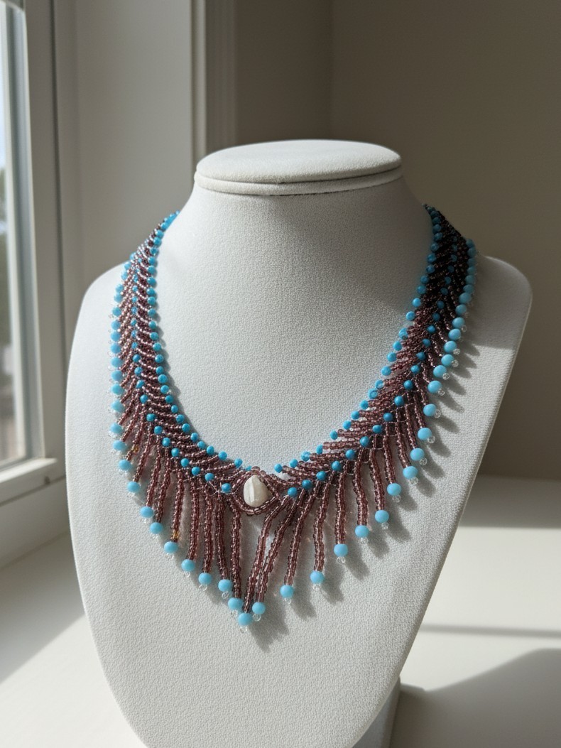 Handcrafted Fringe Choker Necklace – Freshwater Pearl Beads Gold/Brown