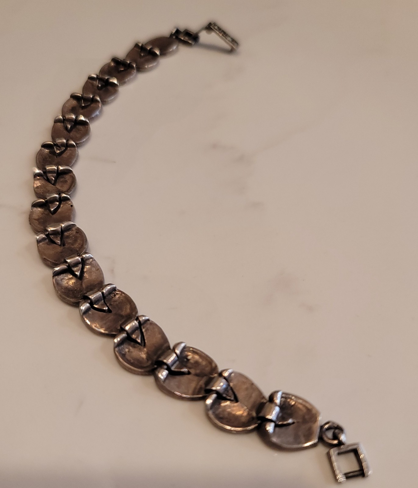 Vintage Stg Silver Art Deco Style Bracelet – Mother of Pearl Onyx Marcasite 21g