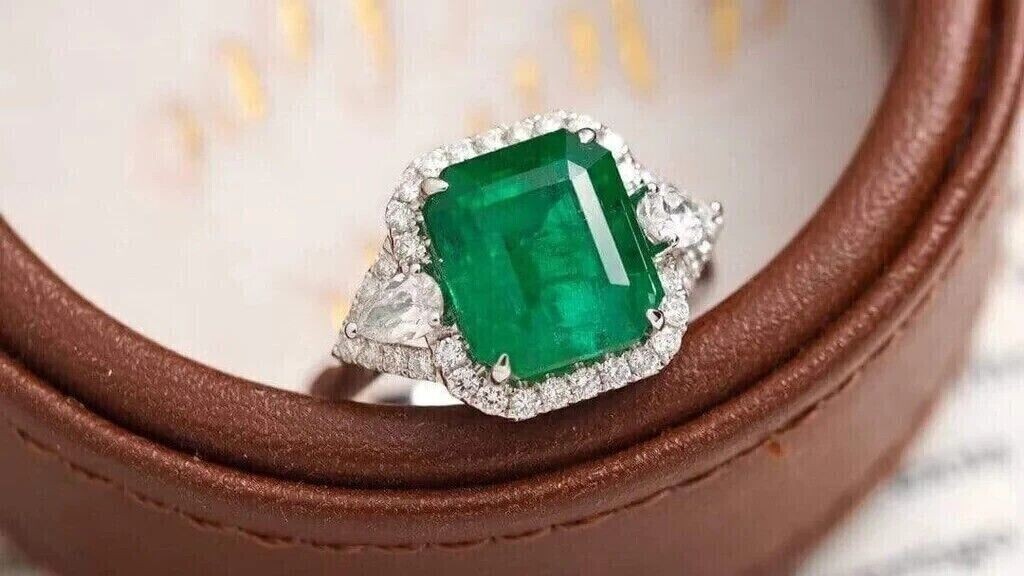 6.80Ct Emerald Cut Natural Emerald & Diamond Wedding Ring 14K Solid White Gold