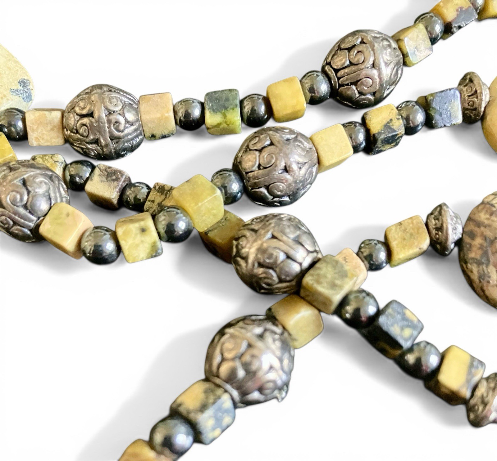 Chunky Beaded Picture Dalmatian Jasper Handmade Boho Southwest Necklace 22”