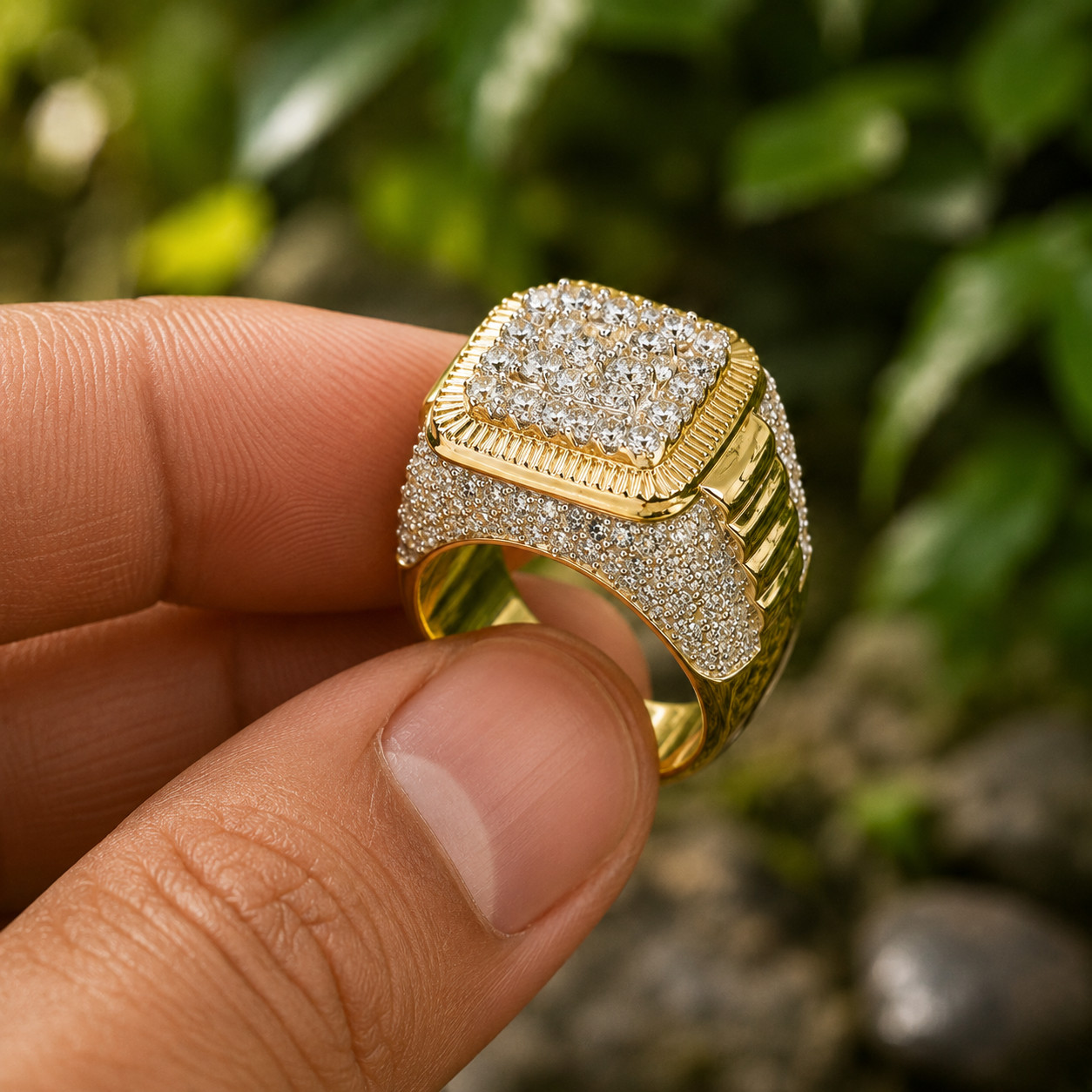 2.50Ct Natural Moissanite Cluster Men’s Engagement Ring 14K Yellow Gold Plated