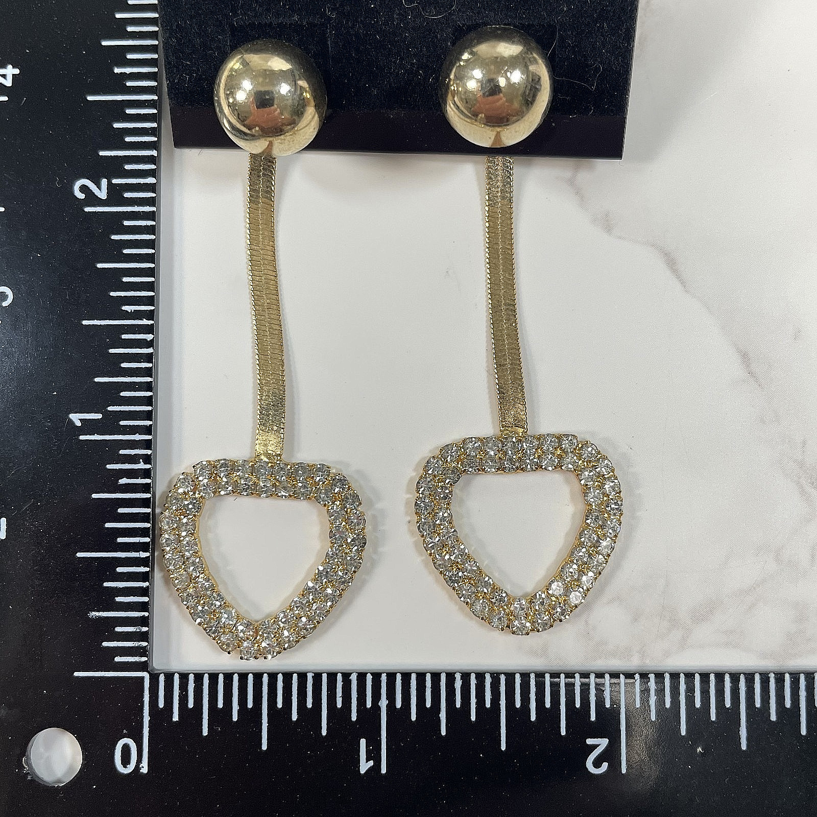 Gold Tone Herringbone Chain Drop Earrings Pave Rhinestone Open Heart Ball Stud