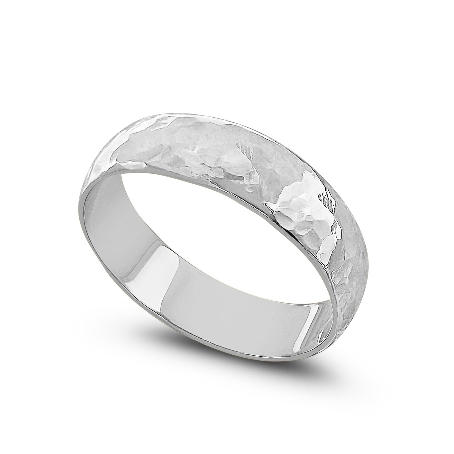 Solid 18K White Gold Hammered Ring, Handmade 5mm Hammer Texture Wedding Band
