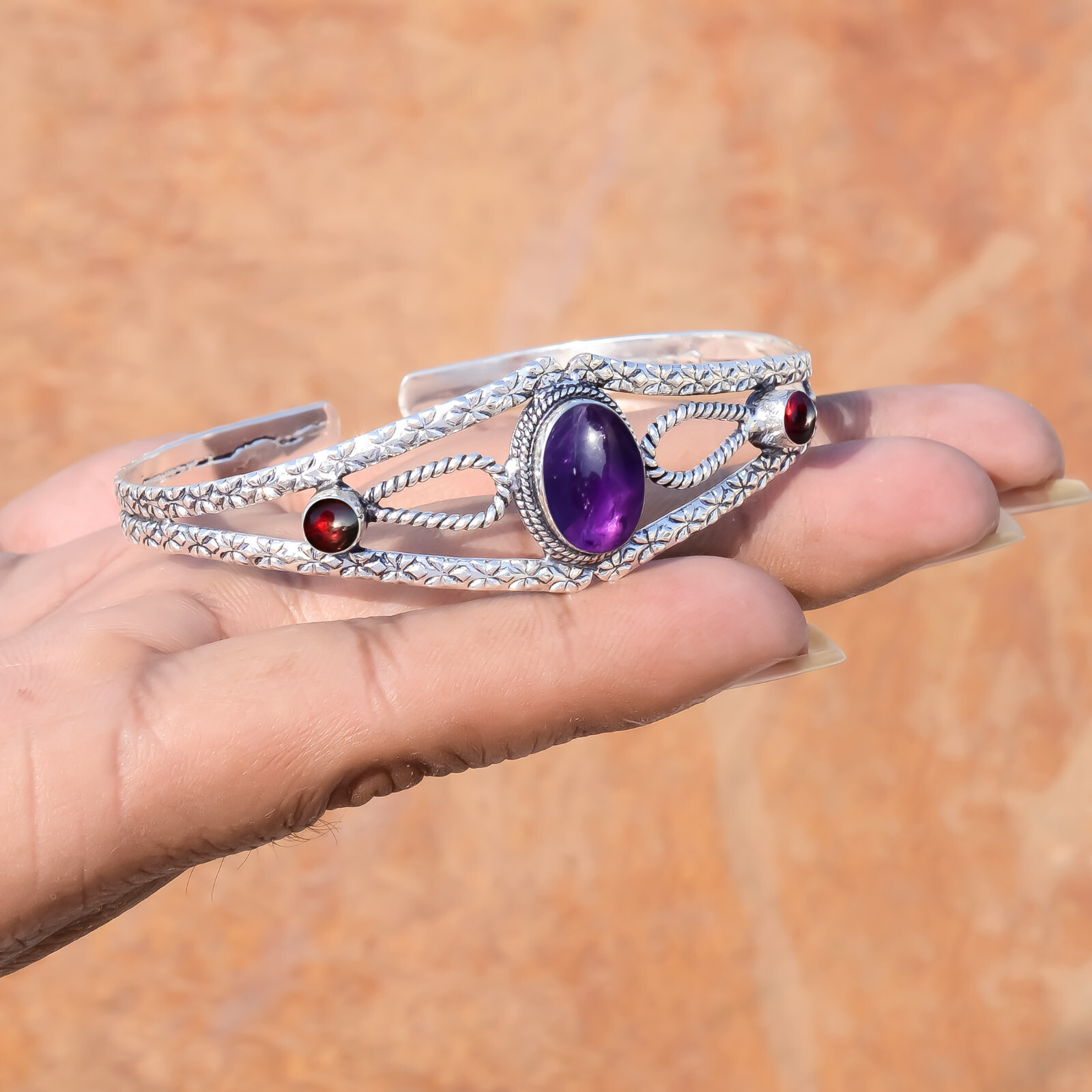 Purple Amethyst & Garnet Gemstone 925 Sterling Silver Bracelet For 1st Time Gift
