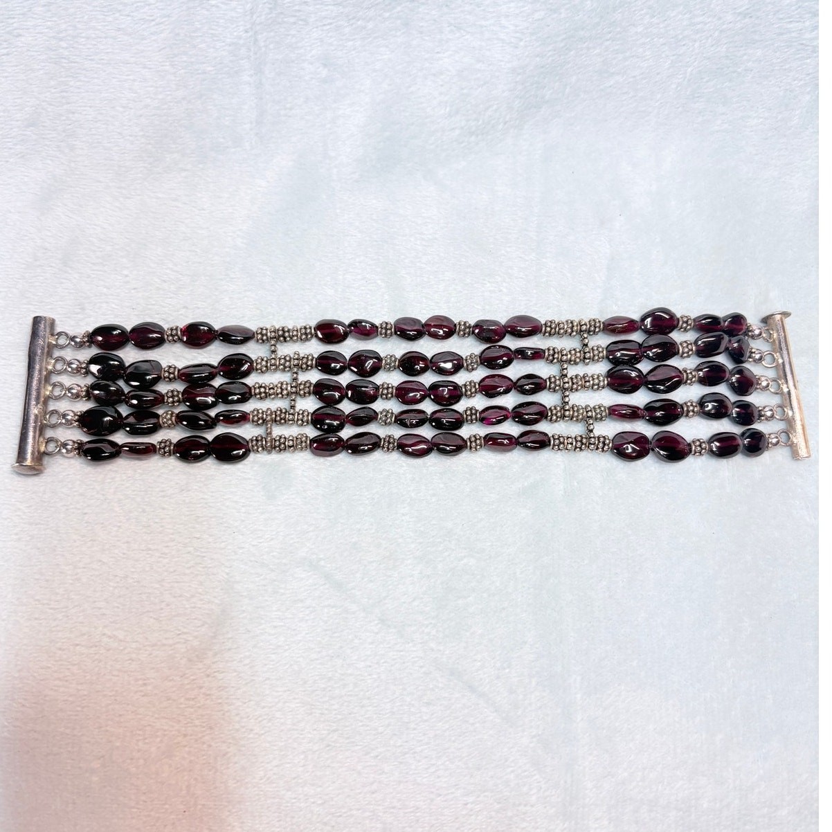 Multi‑Strand Almandine Garnet Bracelet • Bar‑Slide Clasp • Artisan Cuff