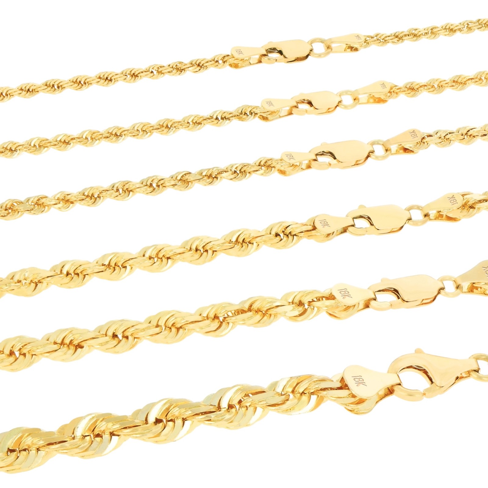 18K Yellow Gold Solid 2mm-6mm Rope Diamond Cut Chain Italian Necklace 16″- 30″