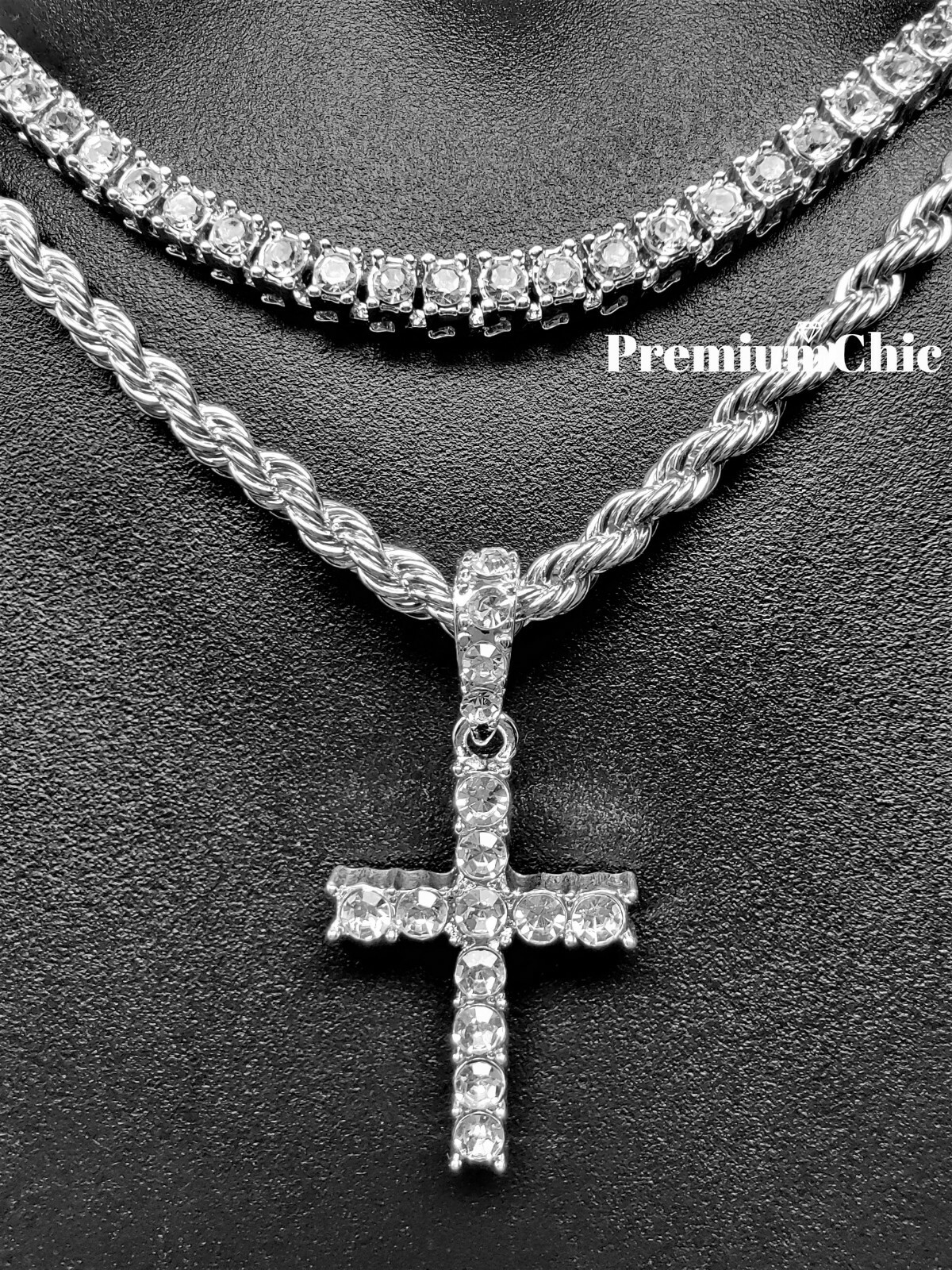 3pc SET, Tennis Choker Rope Chain, Cross Pendant Gold Plated Hip Hop CZ Jewelry