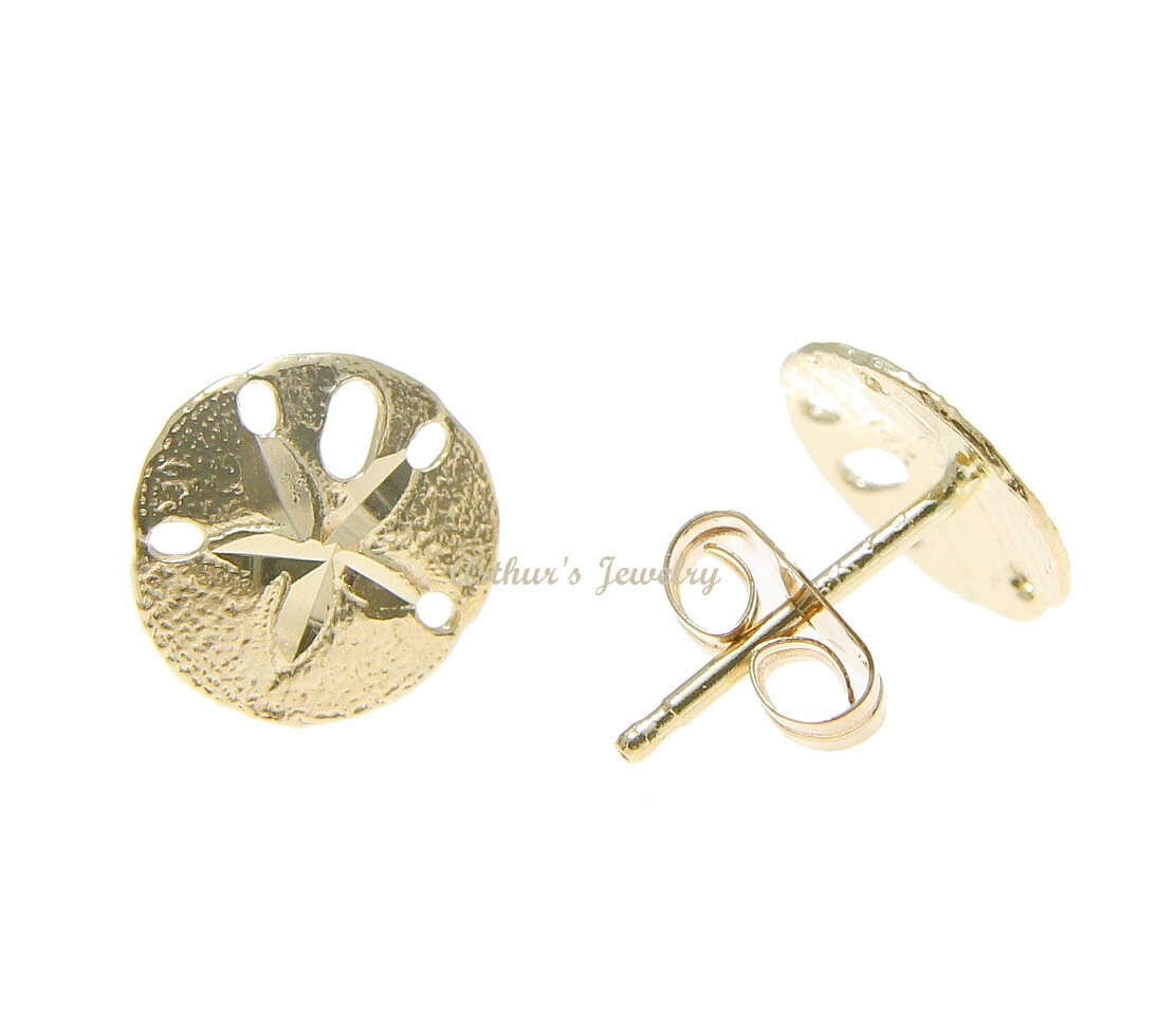SOLID 14K YELLOW GOLD HAWAIIAN DIAMOND CUT SAND DOLLAR STUD EARRINGS SMALL 8MM