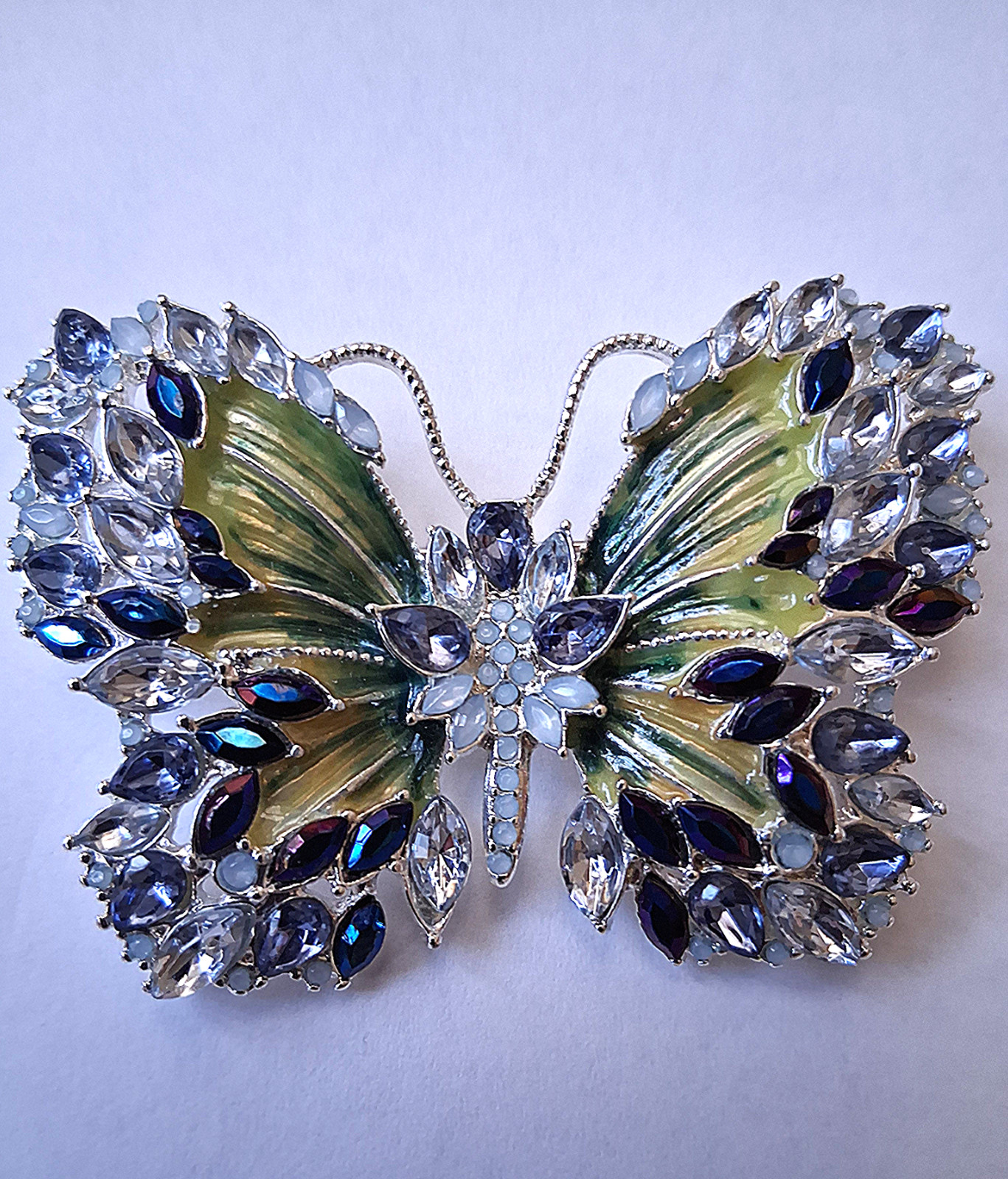 Butterfly brooch with multi-colored rhinestones & enamel accents (sliver-tone)