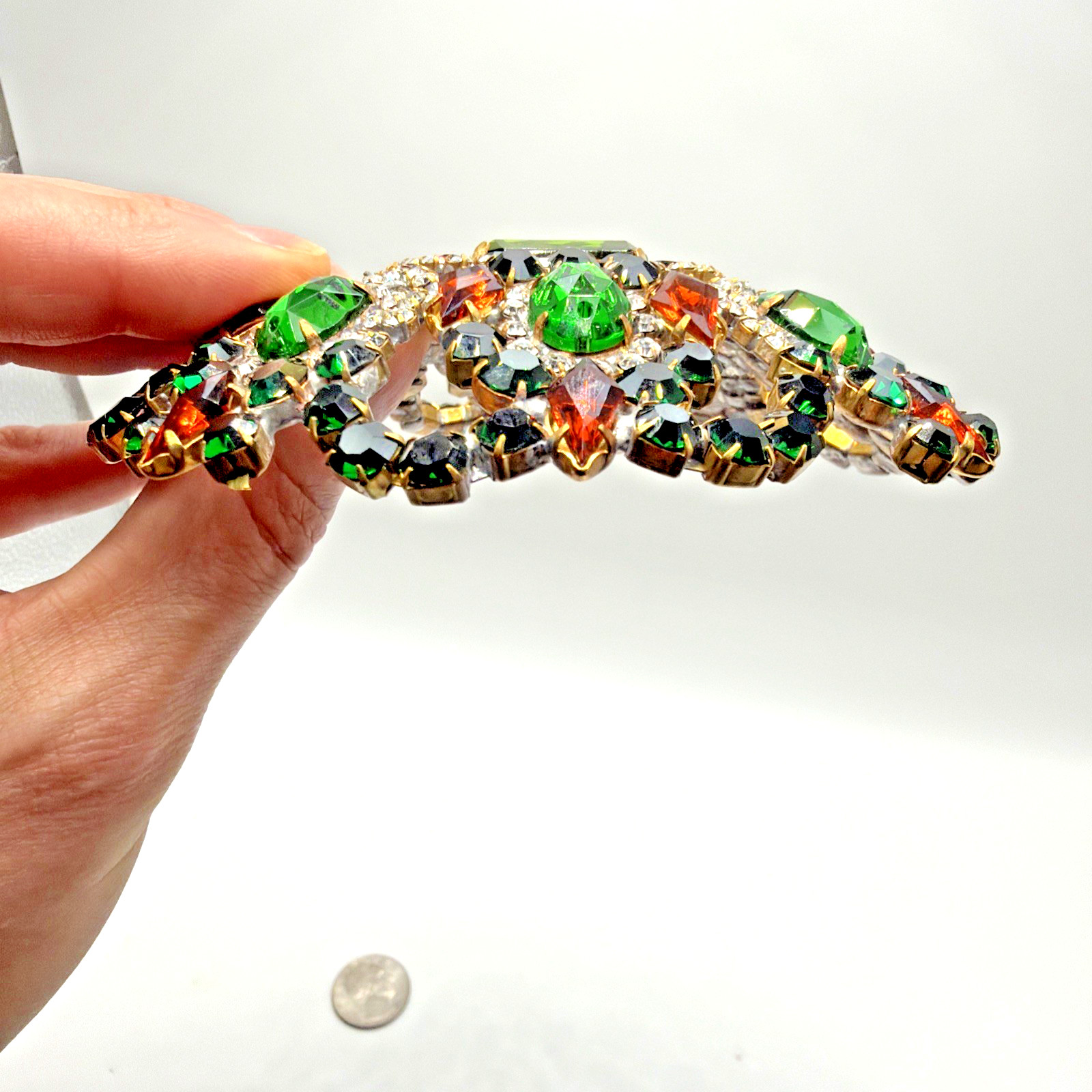 Vintage Bijoux Statement Crystal Rhinestone Brooch Green Orange Tones