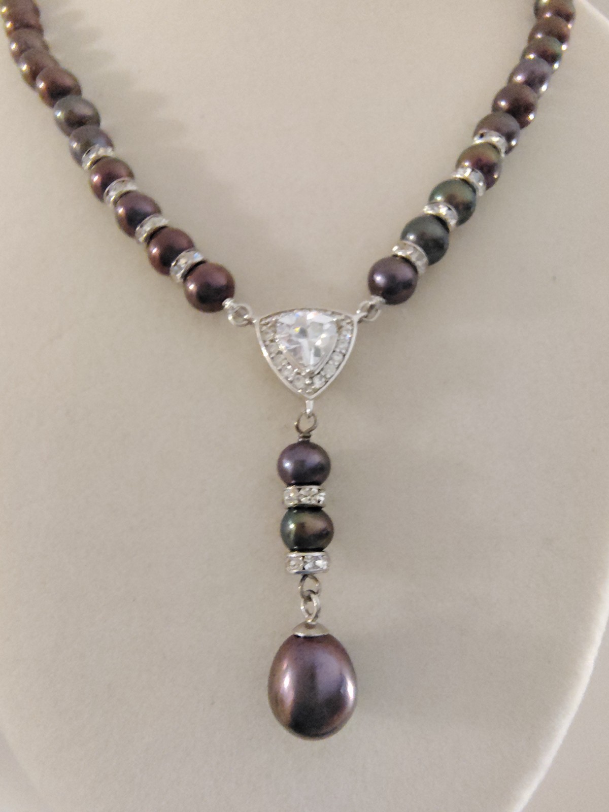 Danbury Mint Peacock Black Pearl Trillion CZ Y Drop Necklace 18″ + 2″ Extender