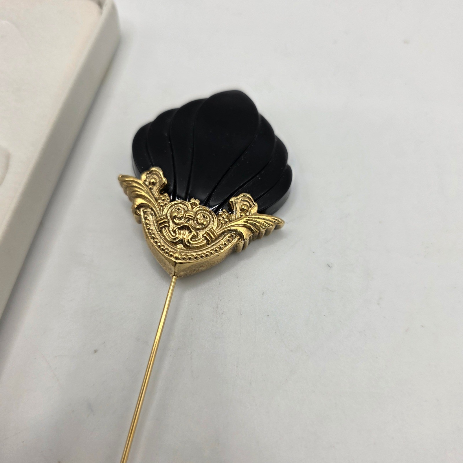 Vintage Gold Tone Black Carved Shell Stick Pin Ornate Filigree Lapel Accessory
