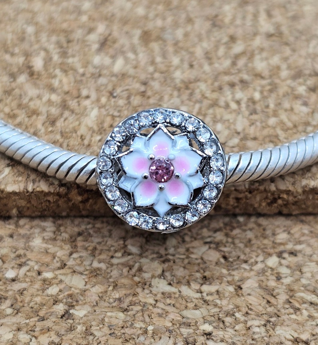 Authentic Pink Cz White Magnolia Flower European Charm Bead