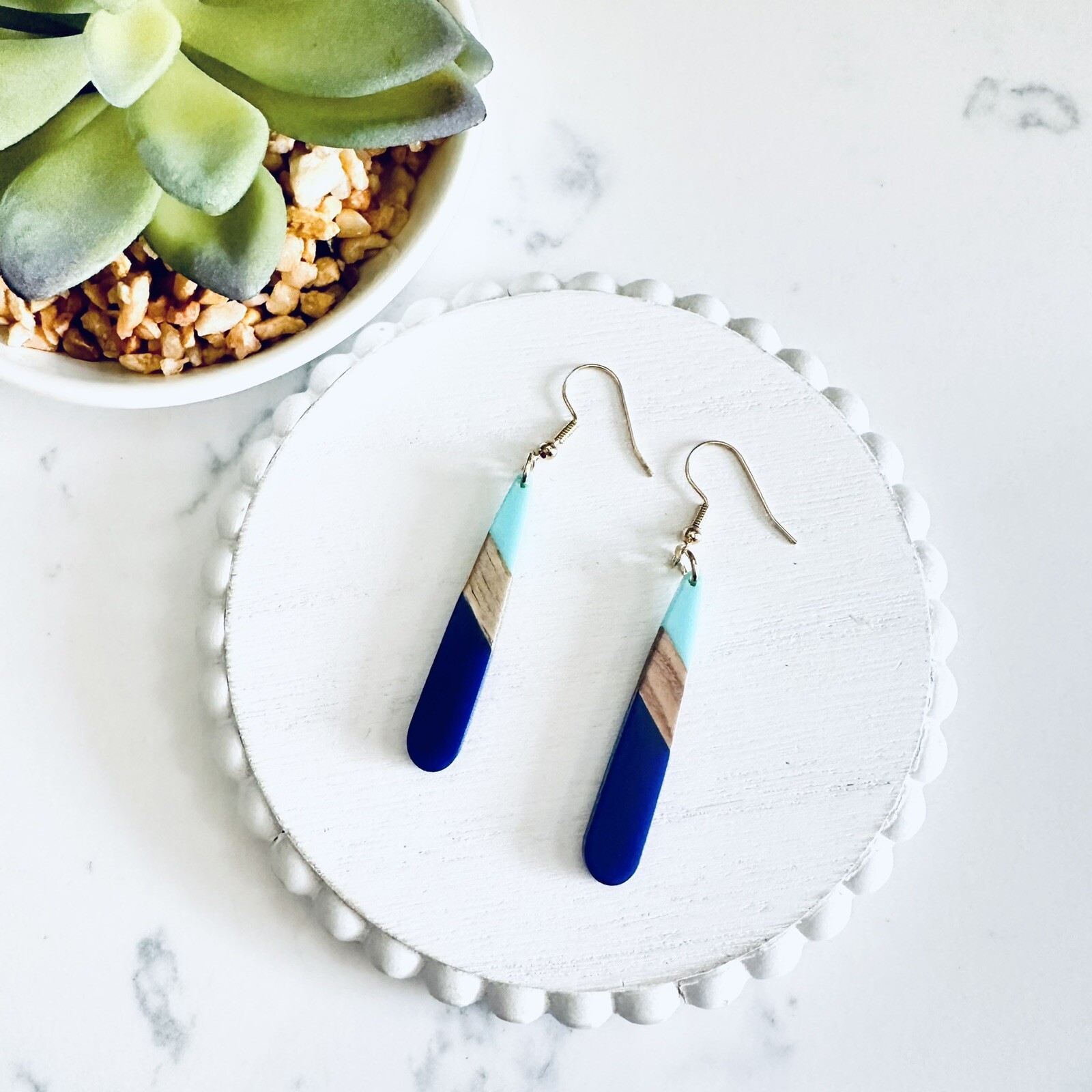 Bohemian Aqua Blue Resin & Walnut Wood Earrings Drop Boho Jewelry Gift NEW