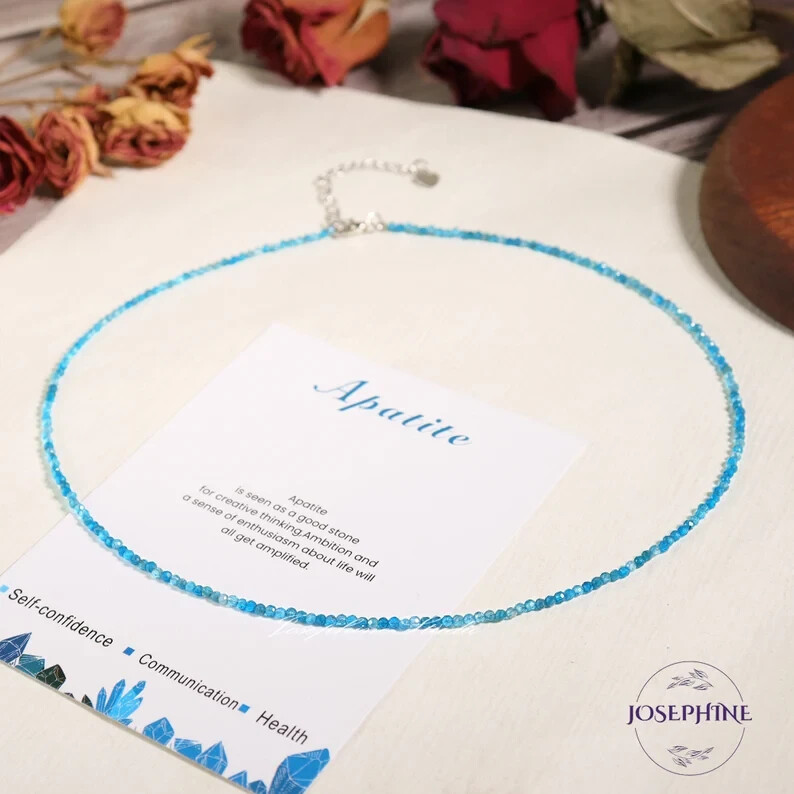 Tiny Blue Apatite Gemstone Beaded Minimalist Choker, Dainty Gemstone Beaded