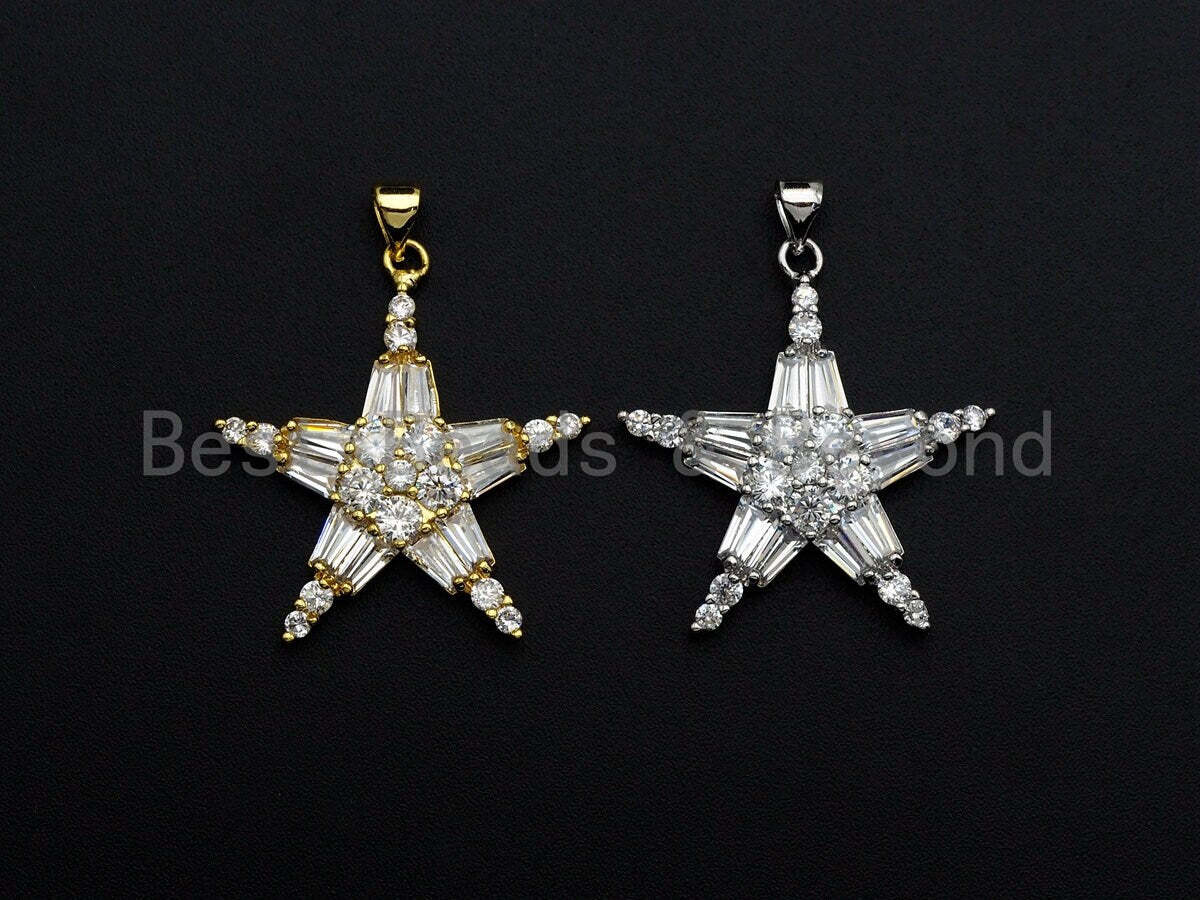Bagette CZ Pave Star Charm/Pendant for Jewelry Making, Silver/Gold Tone, 30mm