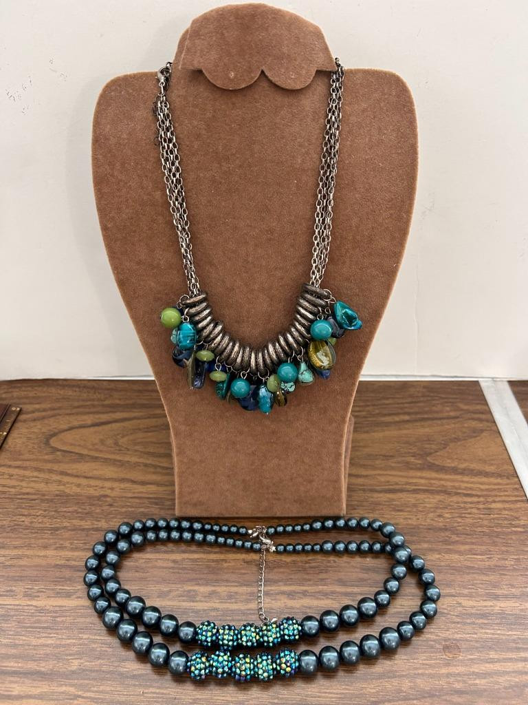 2 necklaces RMN stones beads lobster clasp adjustable length blue green