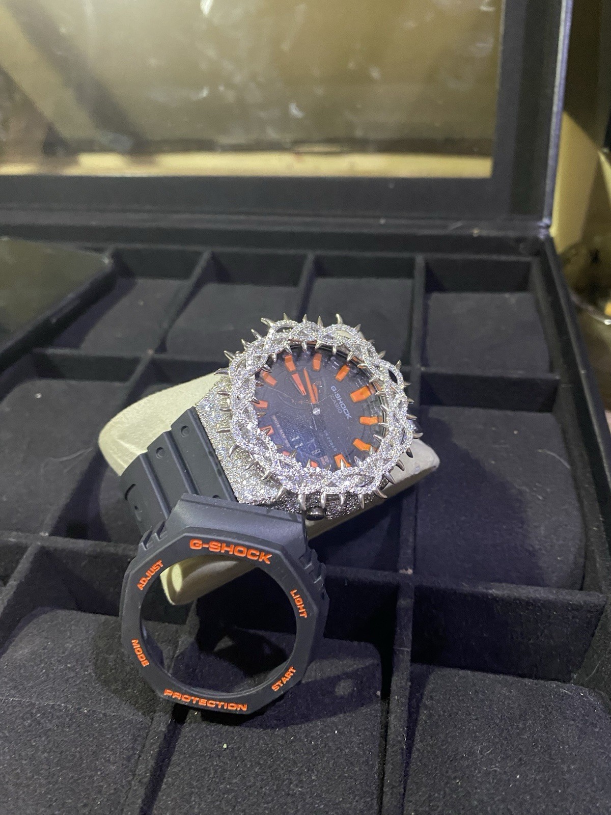 Black & Orange Casio G-shock Watch VVS Moissanite Diamond Bezel