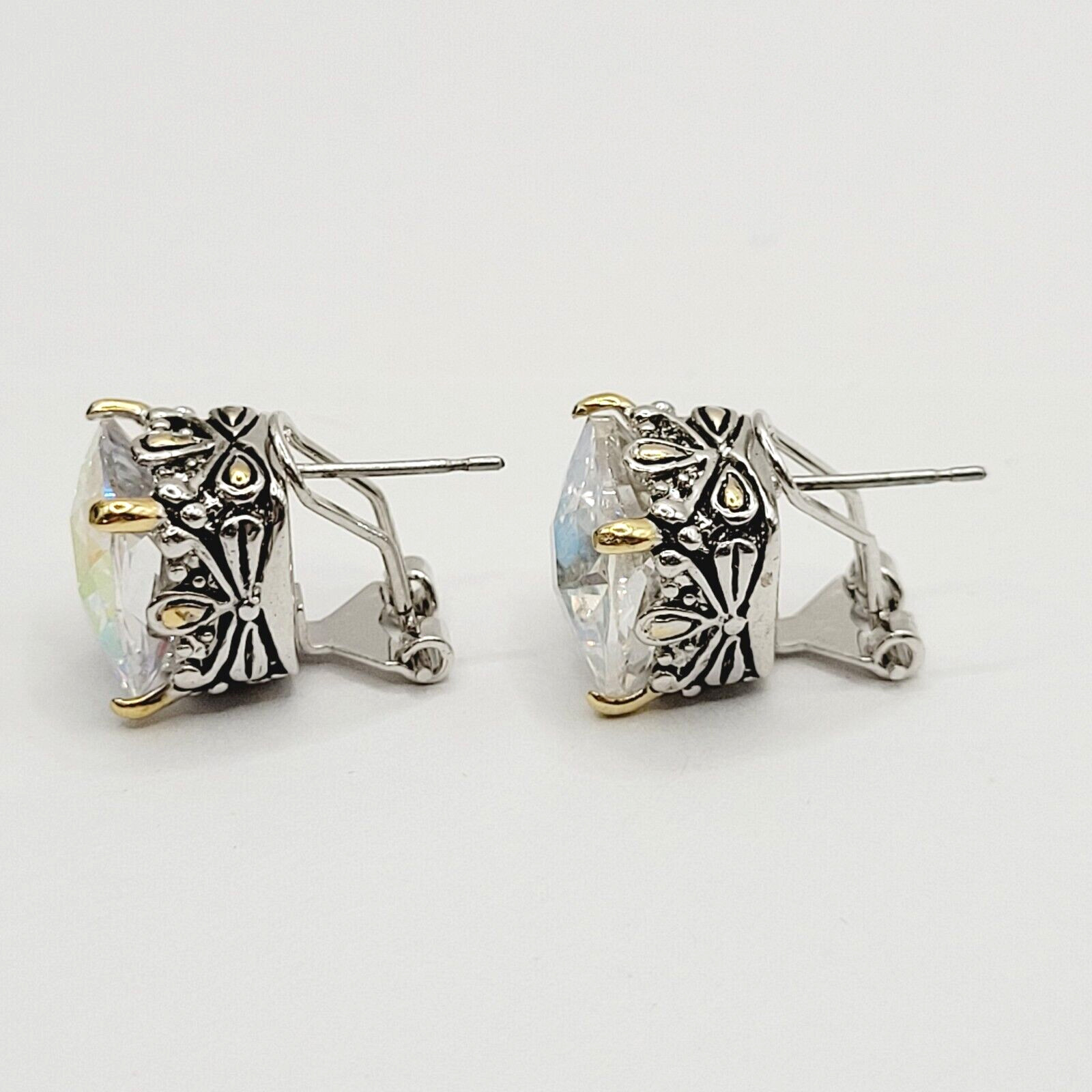 Modern Rainbow AB Crystal Square Stud Two Tone Ornate Frame Pierced Earrings