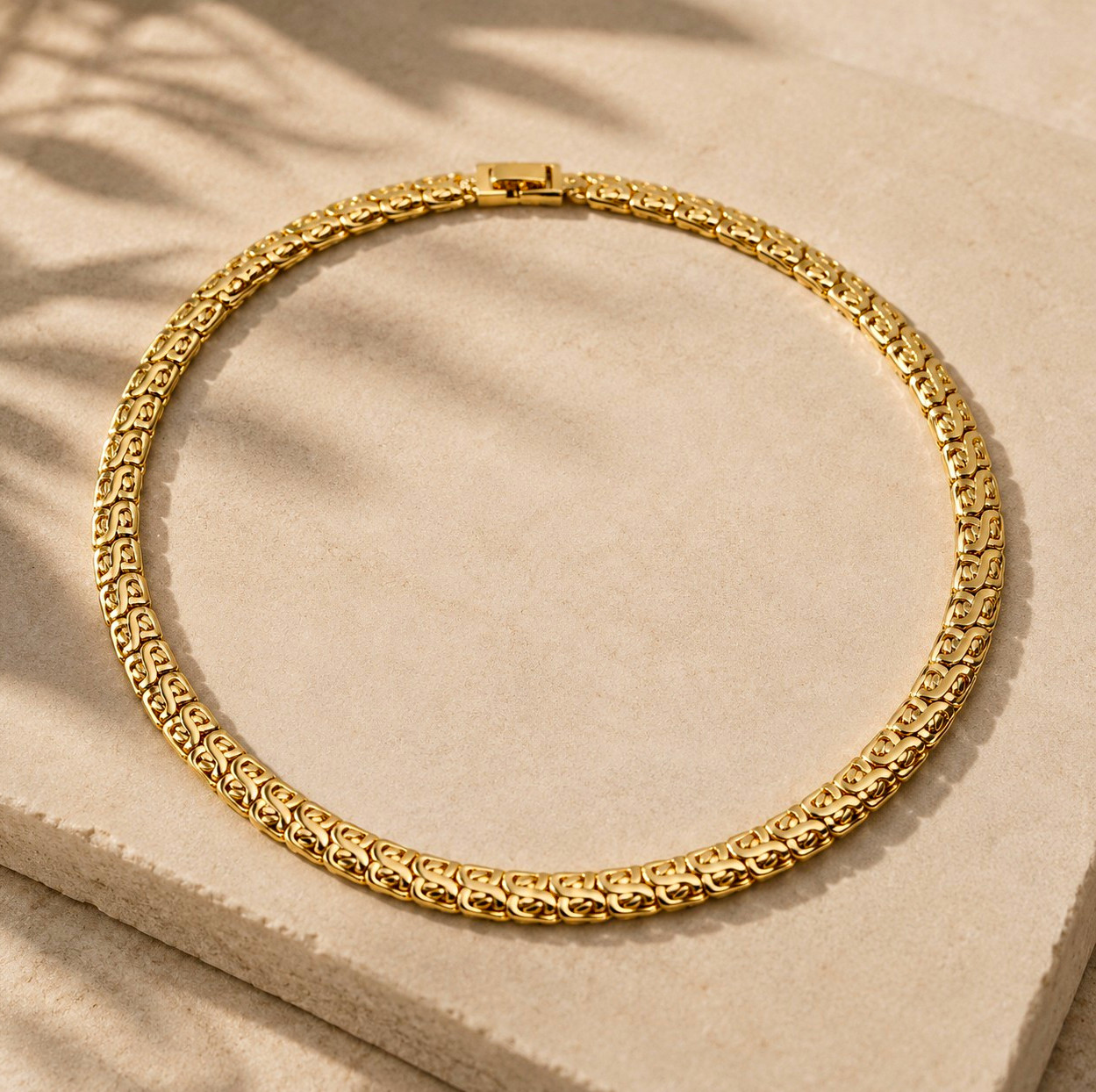 Gold Tone Byzantine Chain Necklace, Metal Link Chain, Box Clasp