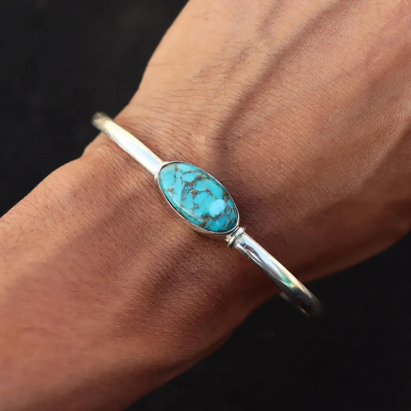 Nice Copper Turquoise Gemstone 925 Sterling Silver Handmade Bracelet Cuff -51