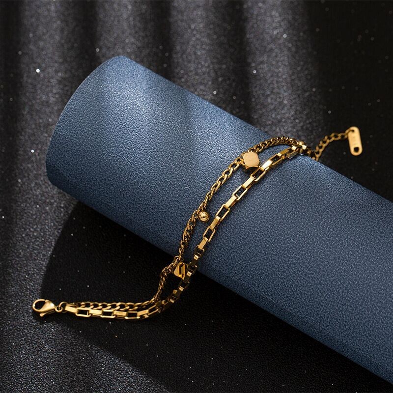 Woman 18K Gold Plated Stainless Steel Cubes Box Curb Chain Bracelet Bangle 7.9”