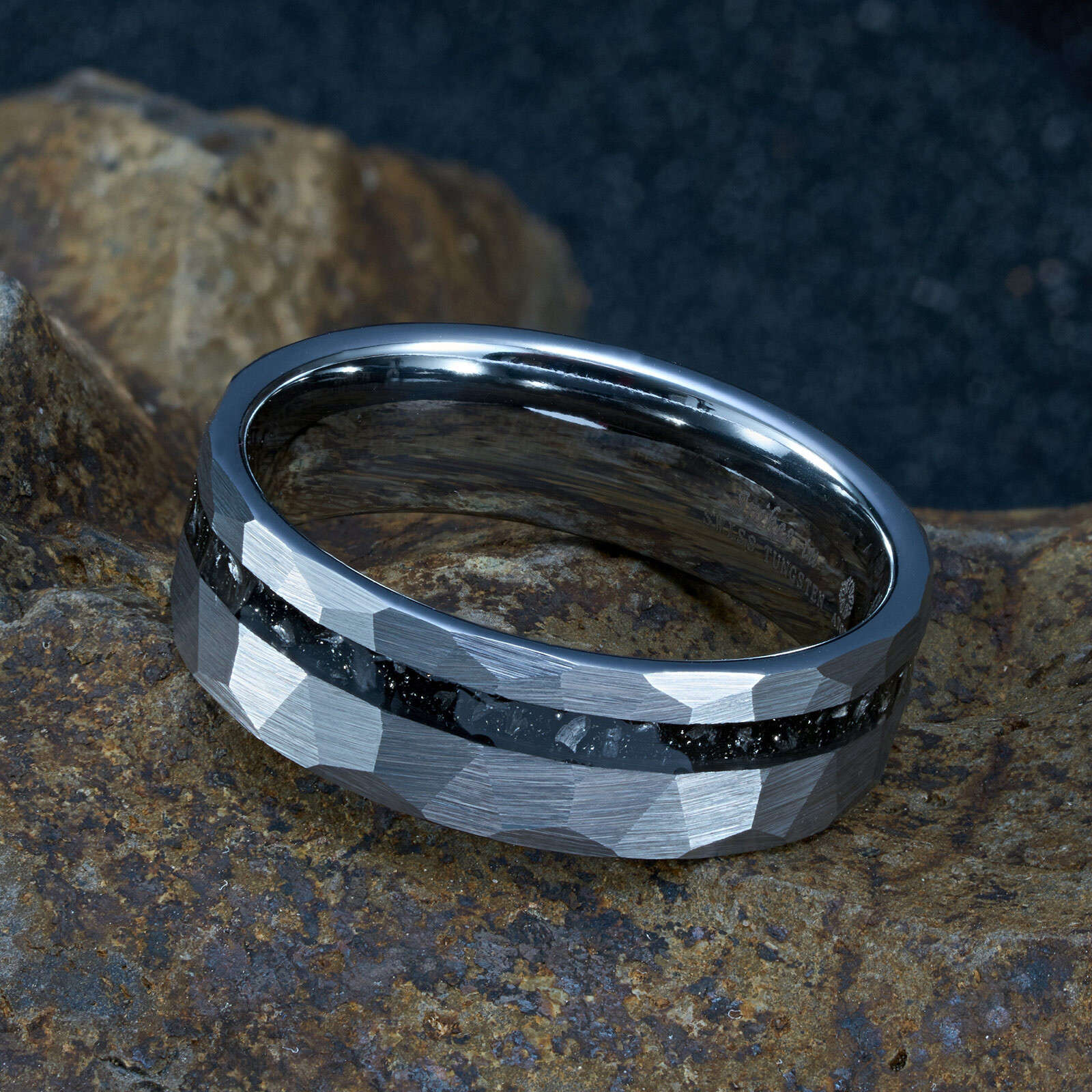 8mm Sliver Meteorite Tungsten Ring Black Line Mens Wedding Band ATOP Jewelry