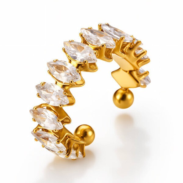 Adjustable 18K Gold Plated Stainless Steel Ring with Marquise-cut CZ, Waterproof
