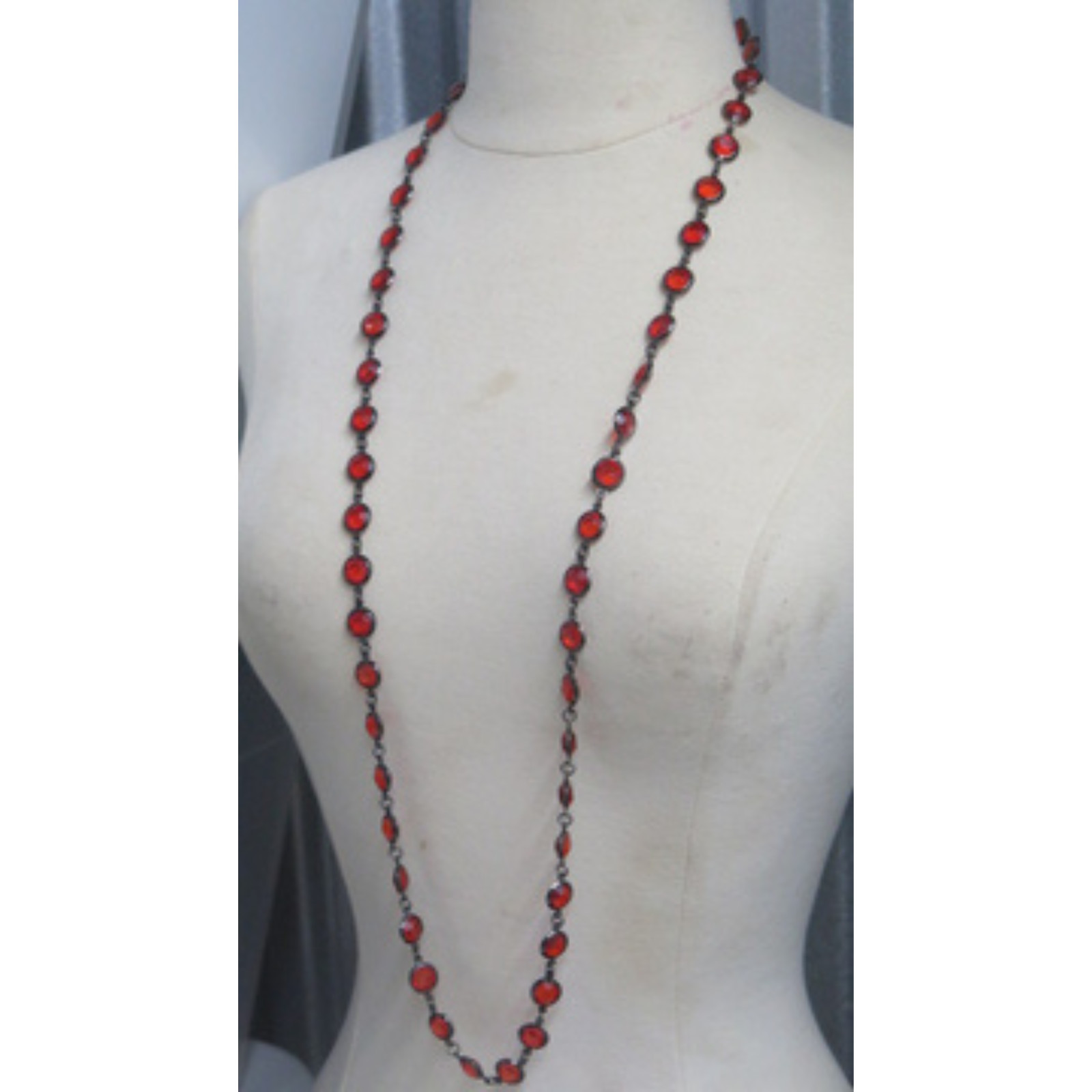 Vintage Long Red Beads Necklace Black Tone Endless Statement Estate