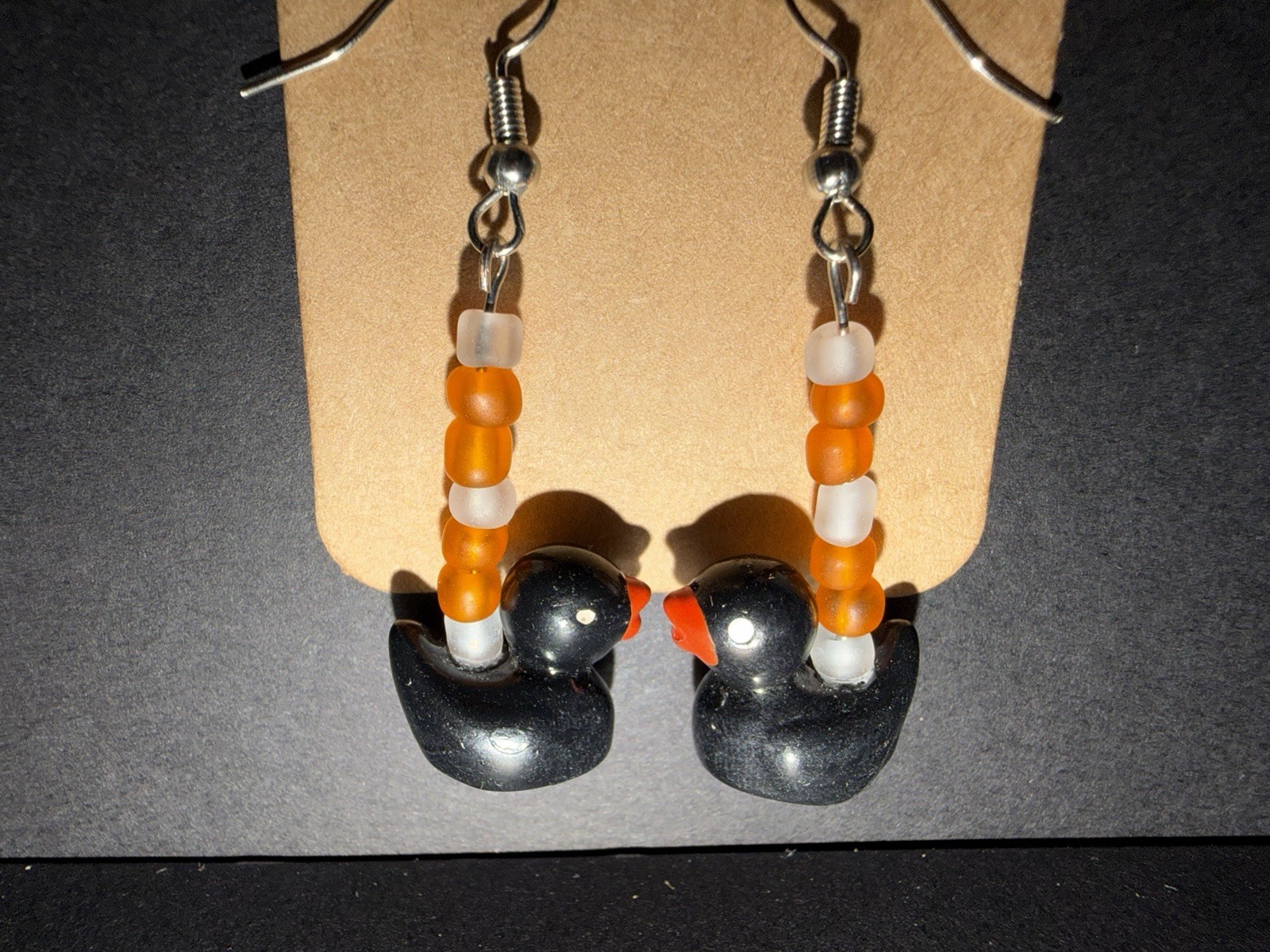 Handmade ooak black duck beaded dangle drop hook earrings with frosted glass