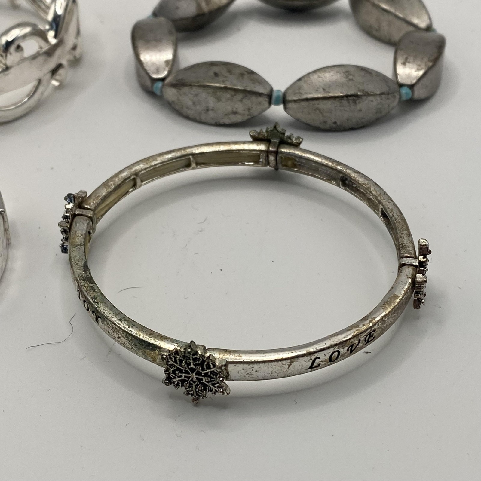 Silver Tone Bangle Beaded Bracelet Lot 4 Love Peace Inspirational 7.9 Inch