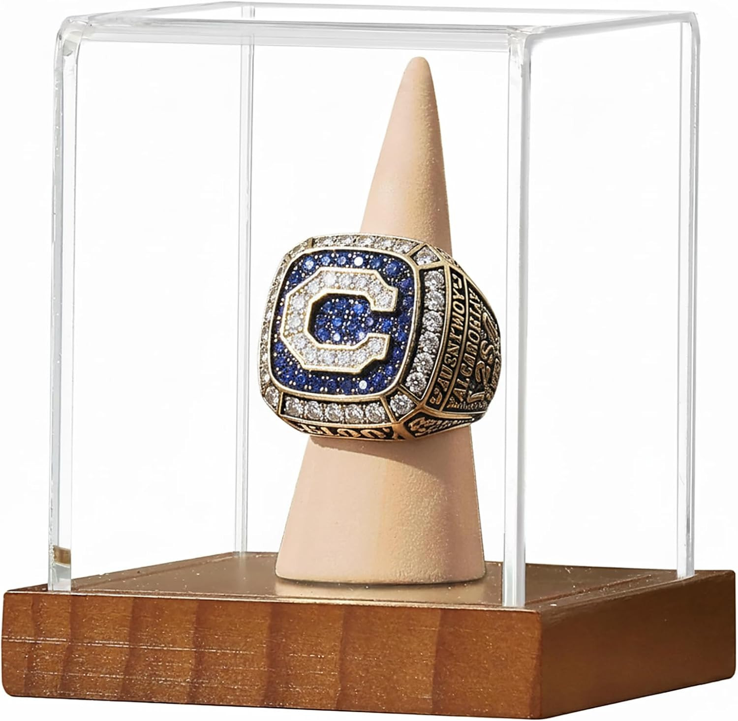 Championship Ring Display Case, Clear Acrylic Single Ring Holder with Wood