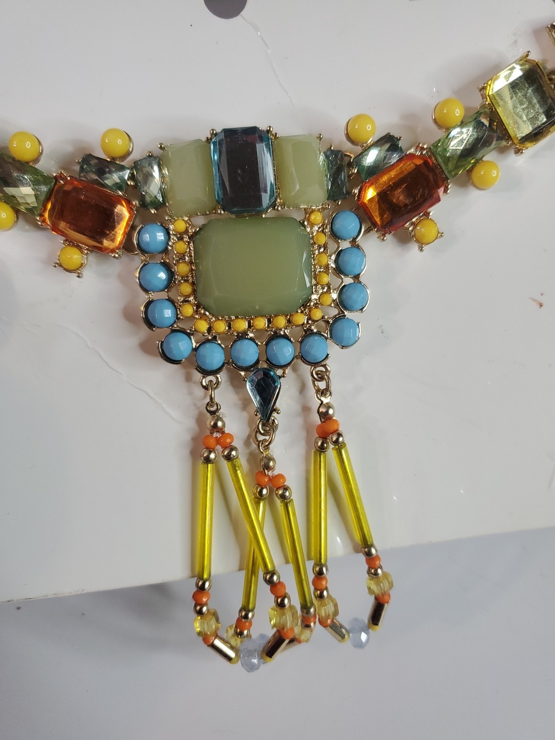 H&M NECKLACE Unique! Rustic Metal Large Blue Rectangle Rhinestones & Bead Choker
