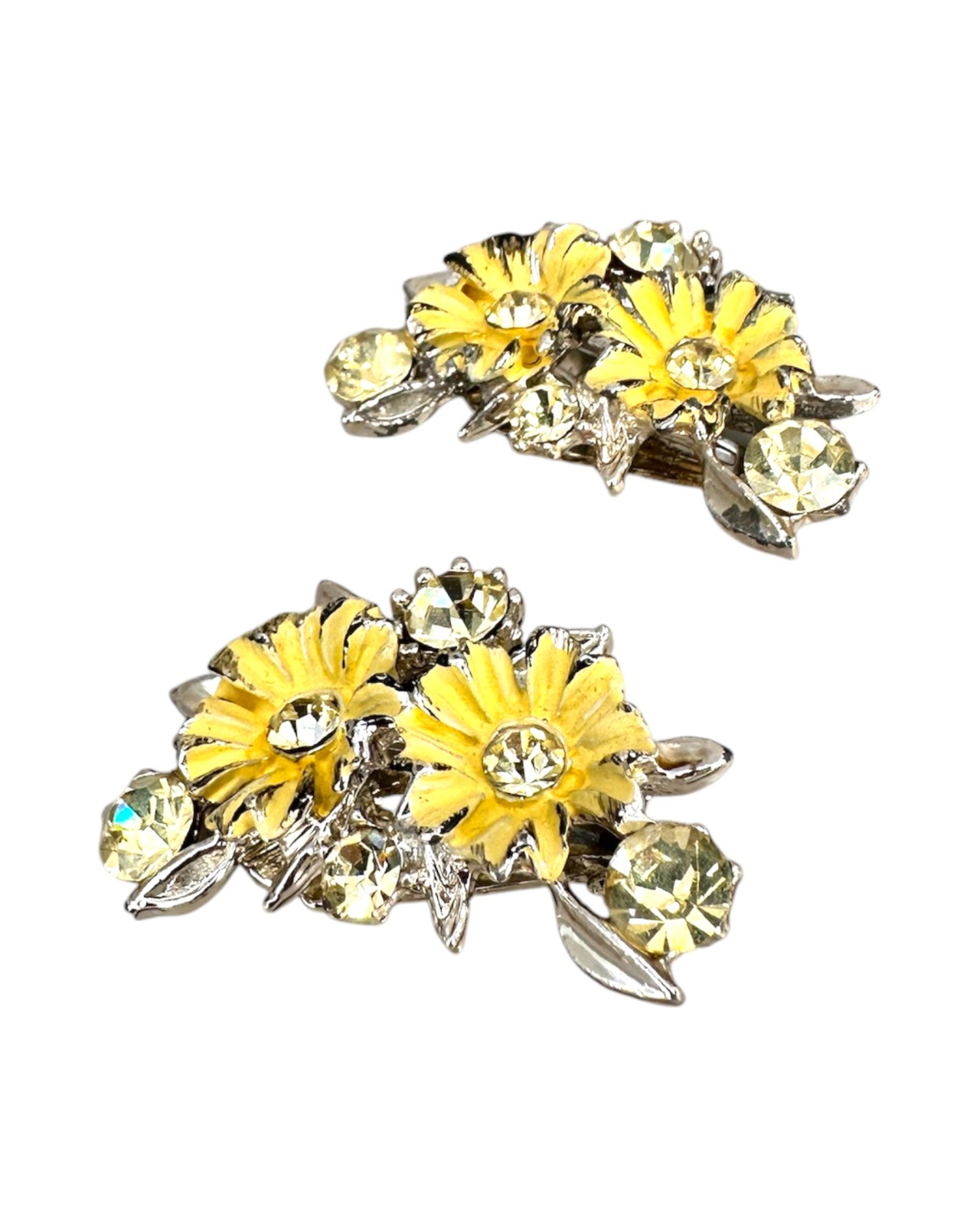 Vintage Yellow Daisy Enamel & Rhinestone Clip-On Earrings