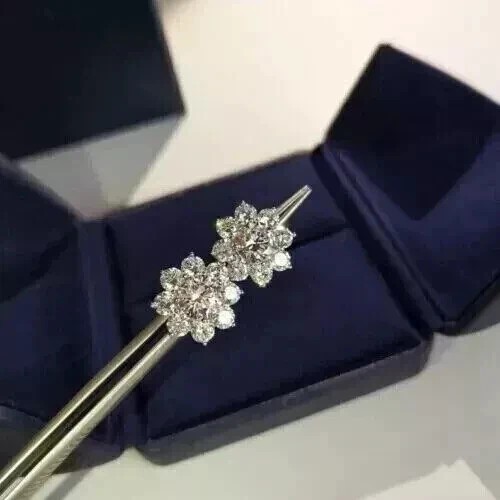 Sparkling Flower Stud Earrings Round Cut Simulated Diamond 14k White Gold Plated