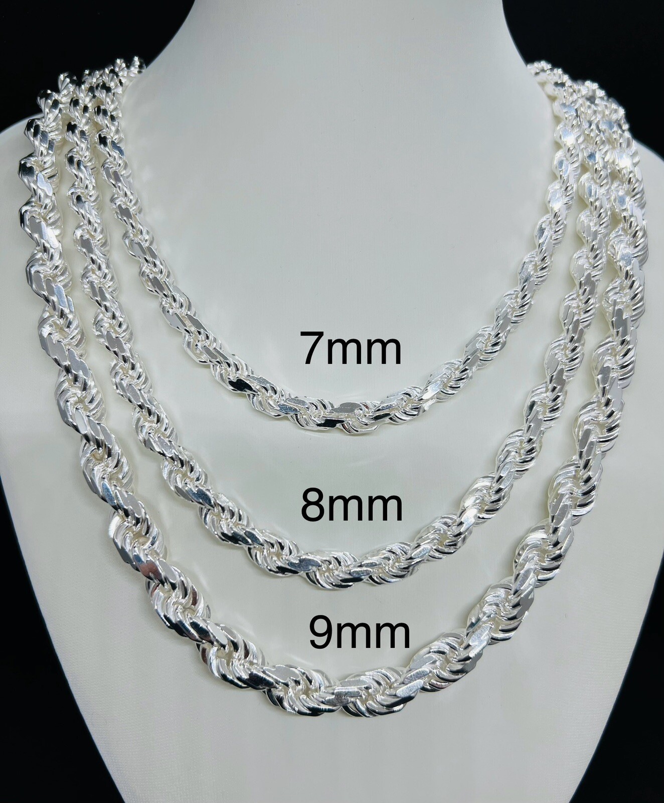 925 Sterling Silver Diamond Cut Rope chain Men’s Necklace 7mm, 8mm, 9mm 20″- 30″