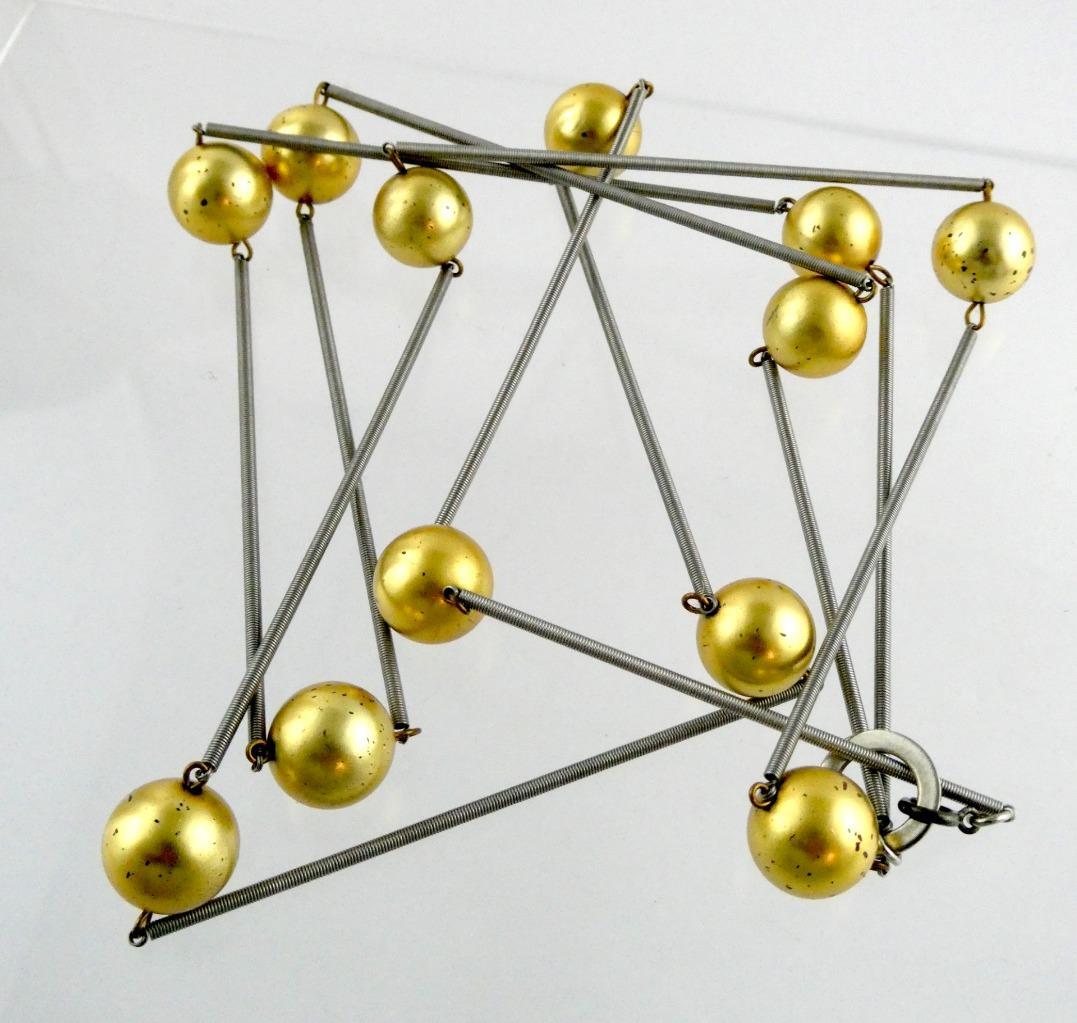 Sterling Silver Clasp Mixed Metals Spring and Golden Ball Atomic Necklace Signed