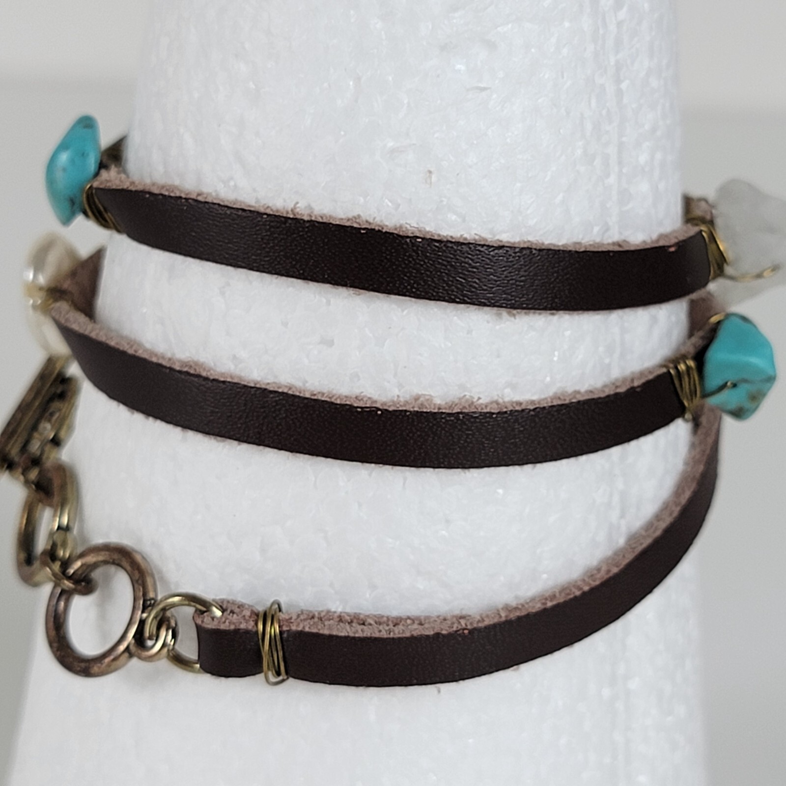 Artisan Handmade Turquoise And Pearl Leather Cord Wrap Bracelet 22.5 In Toggle