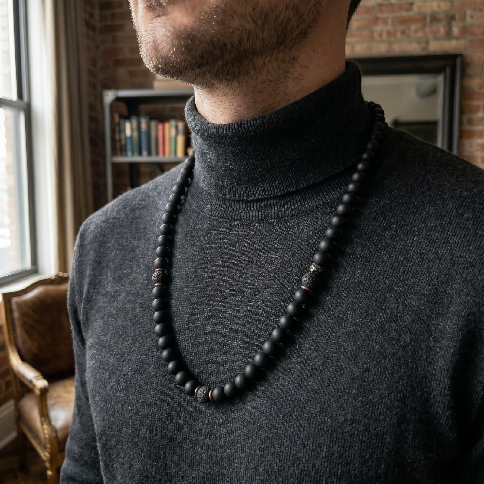 Natural Matte Black Onyx Lava Rock Stone Beaded Necklace Mens Zen Mala Jewelry