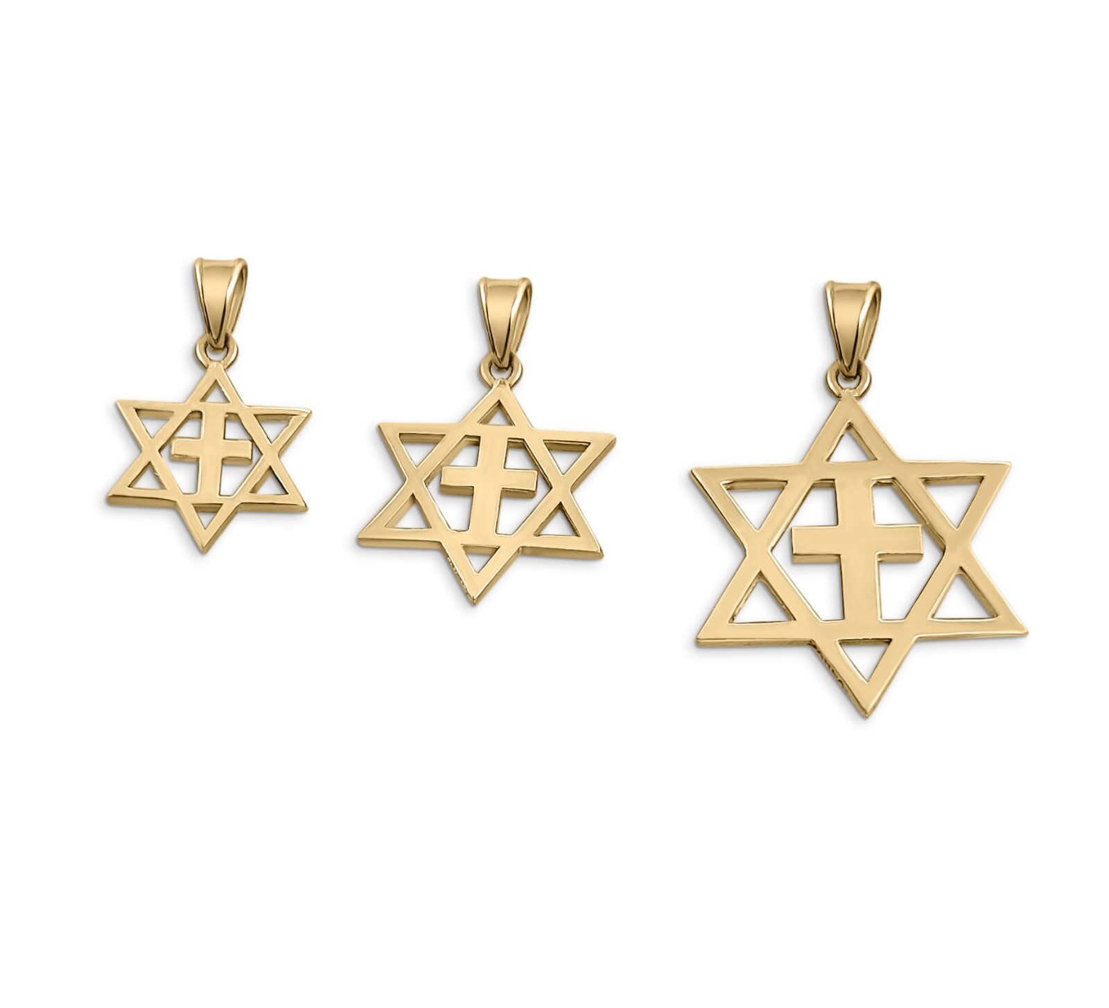 Solid 10K Yellow Gold Messianic Star of David with Cross Pendant, 3 Sizes