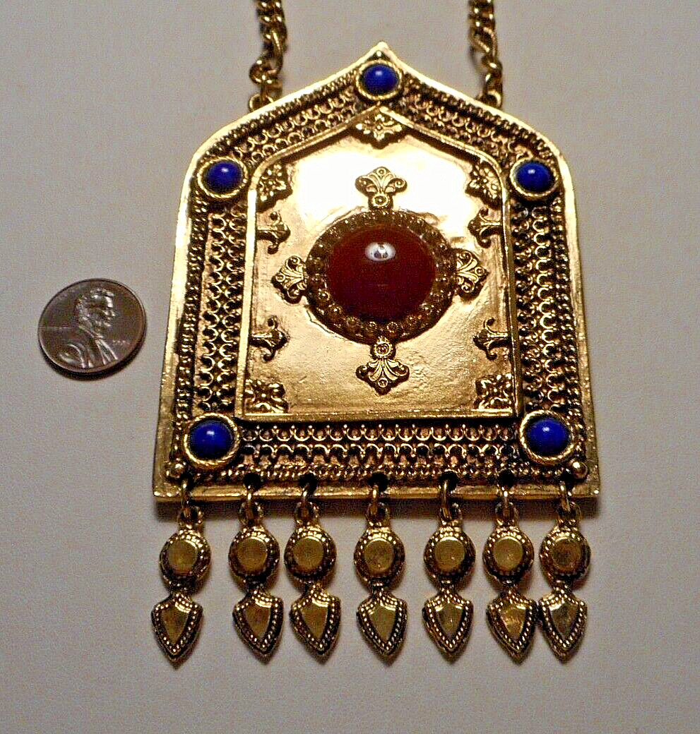 Accessocraft NYC Large Ethnic Cabochon Jeweled Pendant Necklace w Side Chains