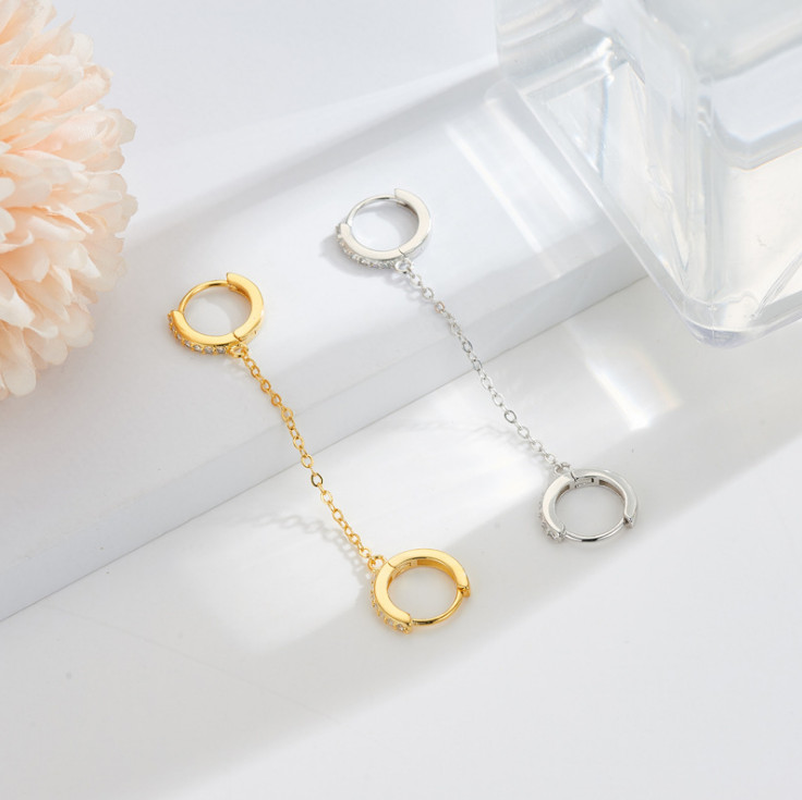 Sterling Silver CZ Double Huggie Hoop Chain Linked Earrings for 2 Ear Holes PE60