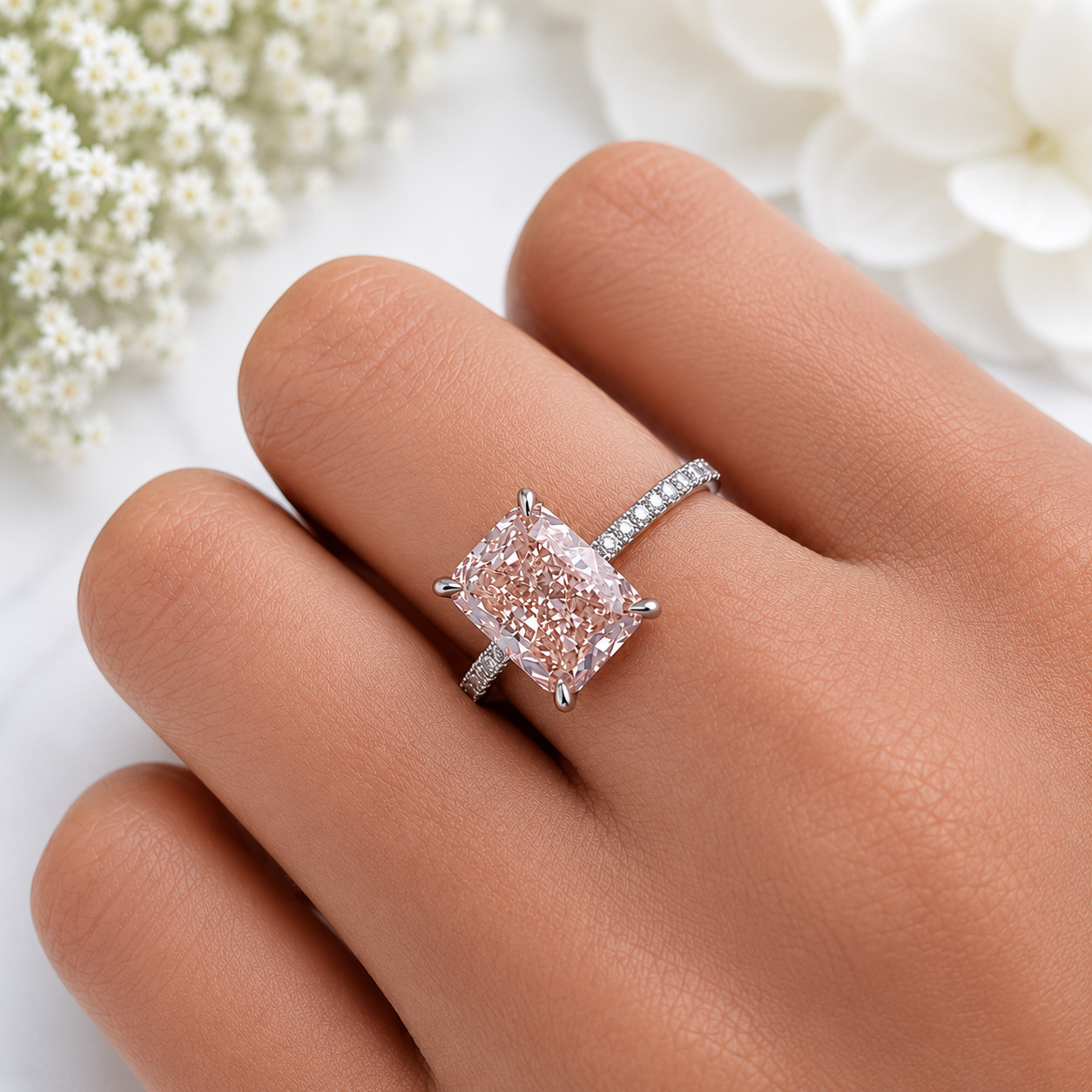 Fancy Vivid Pink IGI Lab Created Diamond Ring 18k White Gold 3.75 Ct Radiant Cut