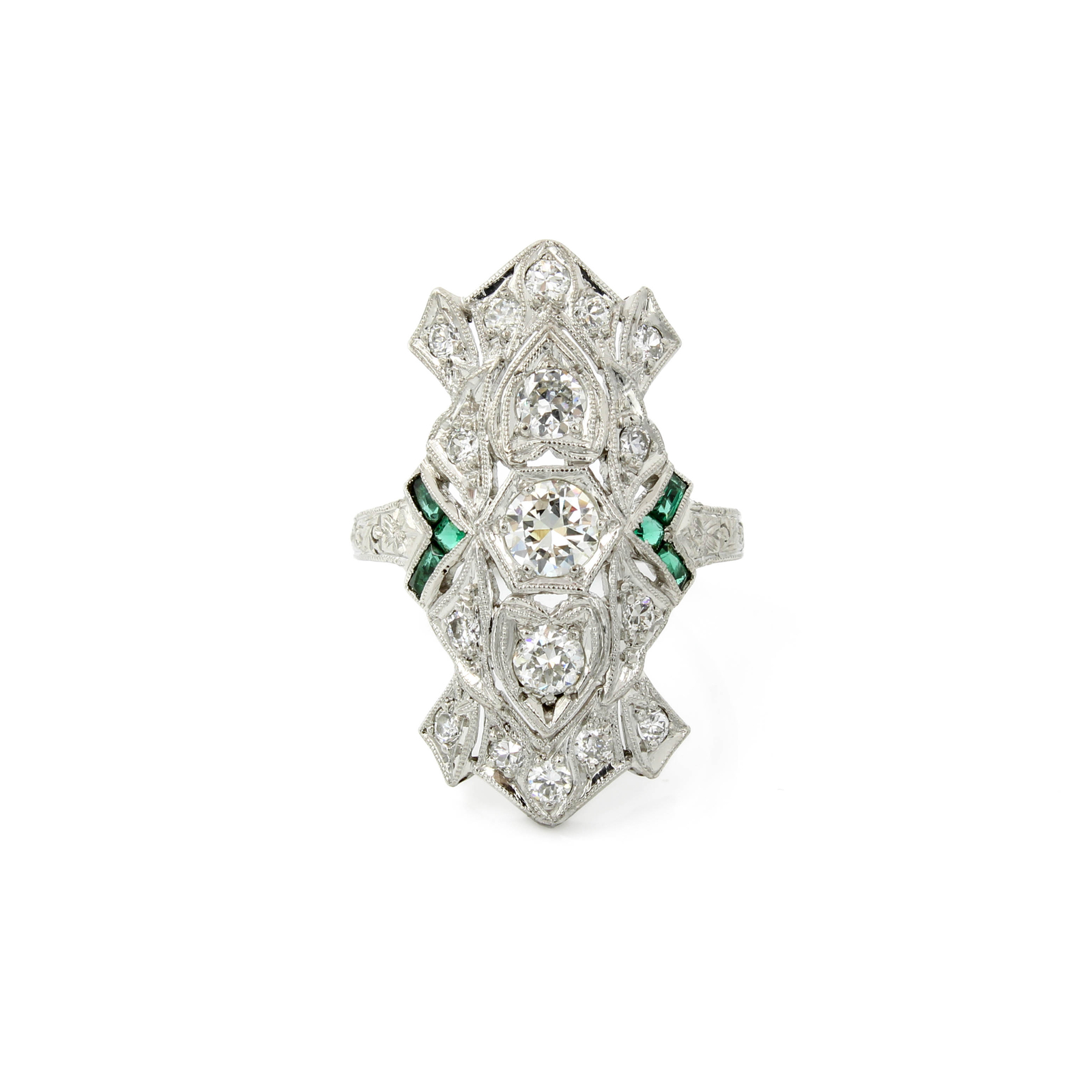 Platinum Die Struck Diamond Imitation Emerald Calibre Cut Accent Ring#E63439-1