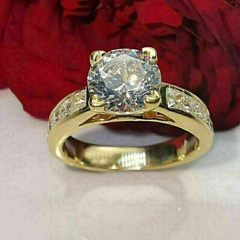 3.10Ct Round Cut Lab Created Solitaire With Accents Ring 14K Yellow Gold Plated