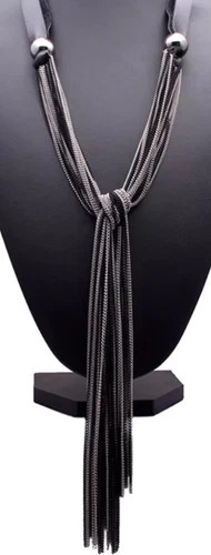 Black Haute Couture Silver Chain Long Lariat Tassel Necklace Fashion Jewelry