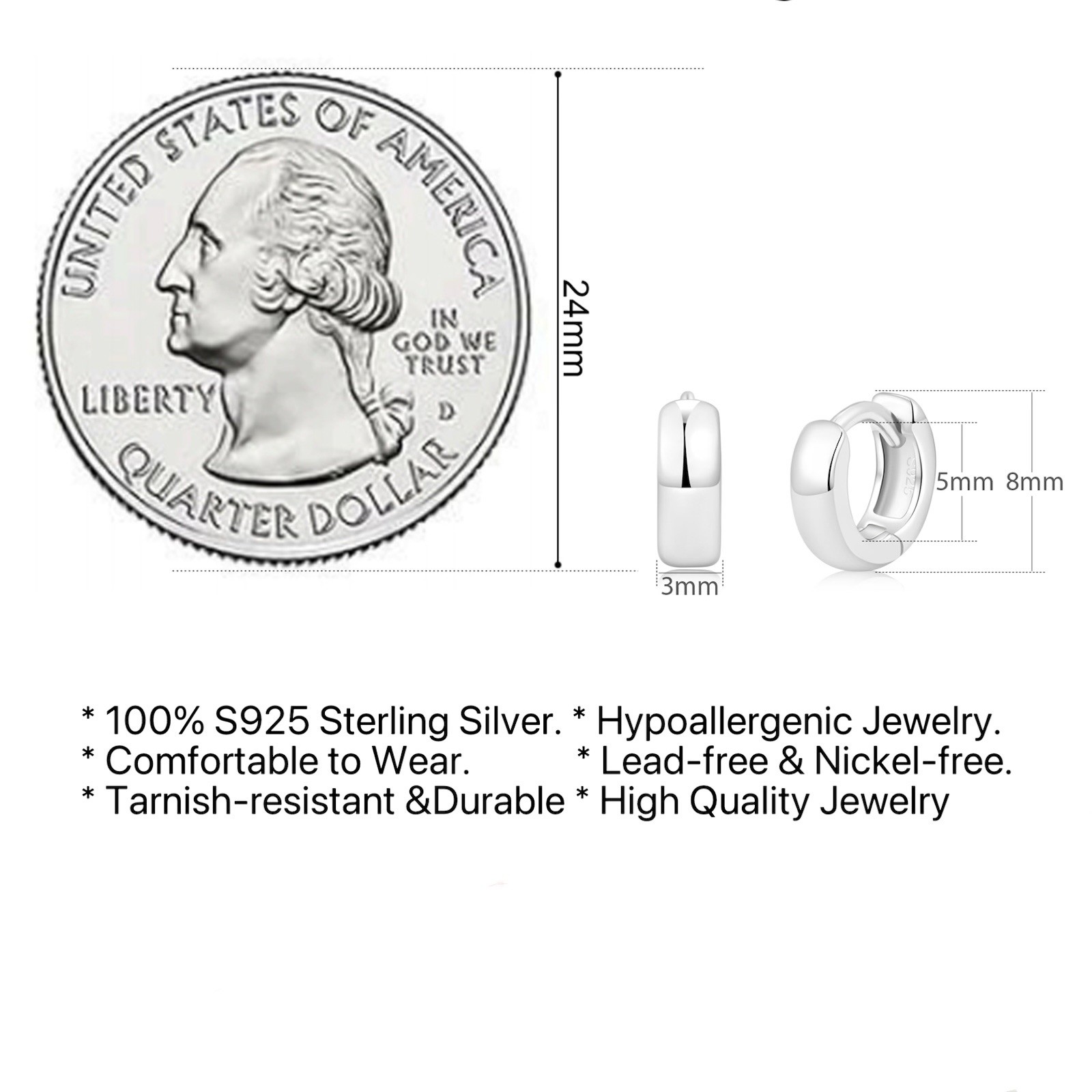 Plain Solid Silver Hoop S925 Huggie Earrings 2nd Holes Multiple Size unisex