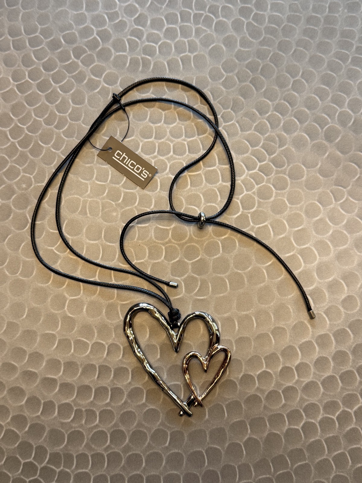 Chico’s Double Open Heart Pendant Silver & Rose Gold Tone Necklace, NWT