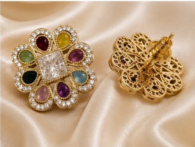 Classy Gold Plated Multicolor Floral Stud Crystal Earrings Gift For Her