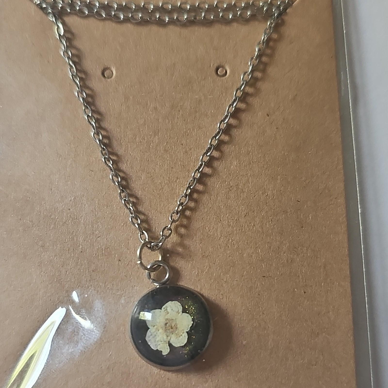 Silver Tone Cable Chain Necklace Round Black Flower Charm Pendant